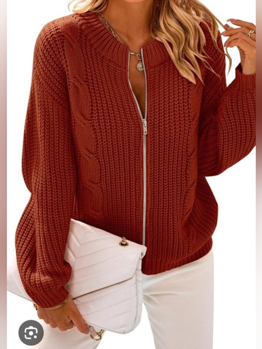 Chunky Zip-Front Cardigan Sweater - Rust